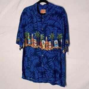 Vintage Aloha Joe Blue Hawaiian Shirt Palm Trees Island Beers M